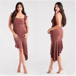 Windsor Womens Looking Lovely Cowl Ruffled Midi Dress Asymmetrical Ruffle NEW